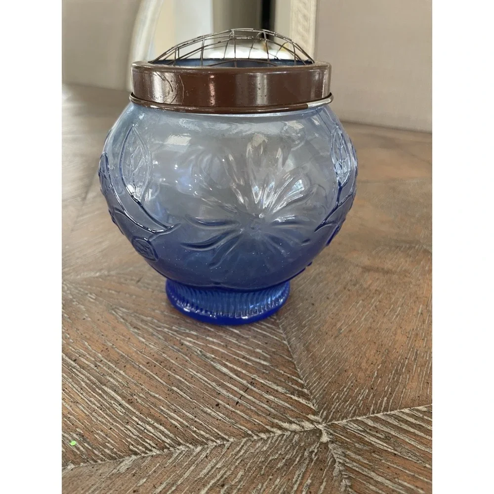 Vtg Blue Pressed Glass Flower Arranging Vase Jar With Wire Floral 